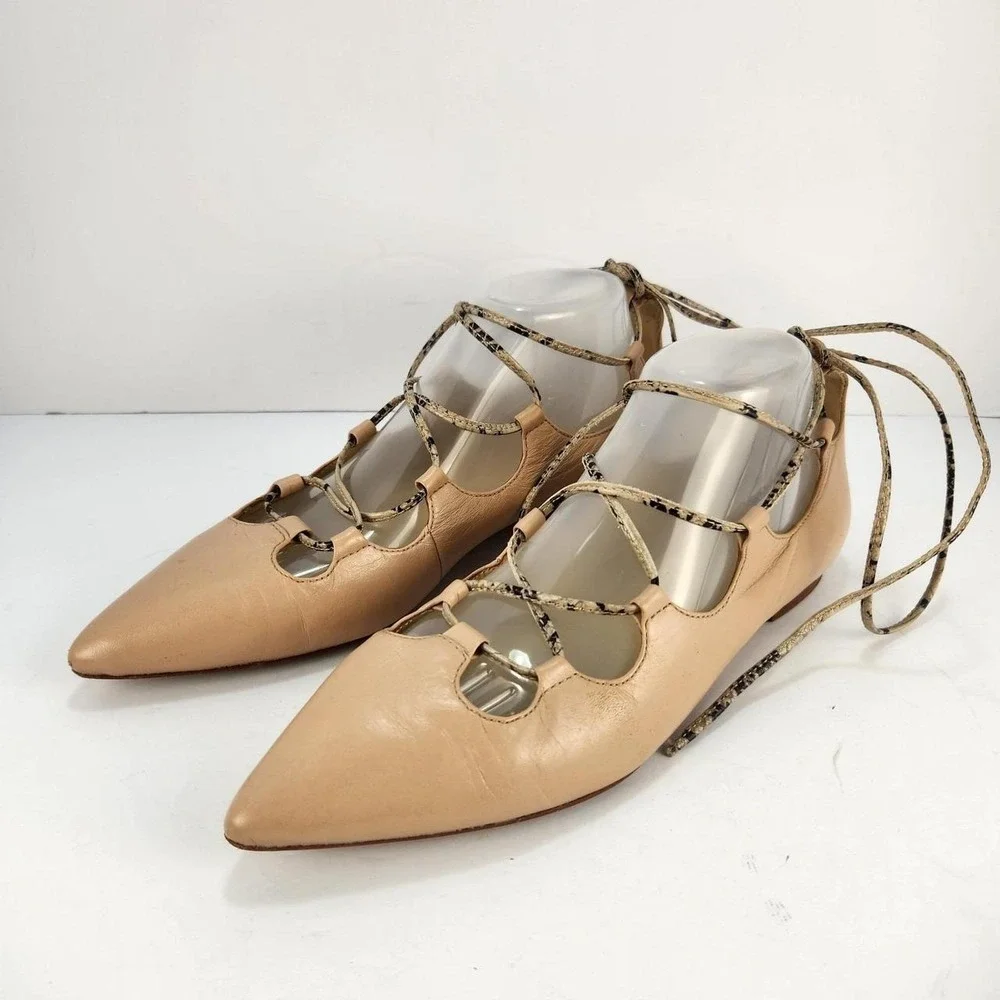 Coach Women's 8.5B Tan Leather Pointed Toe Lace-Up Ballet Flats Ankle Wrap